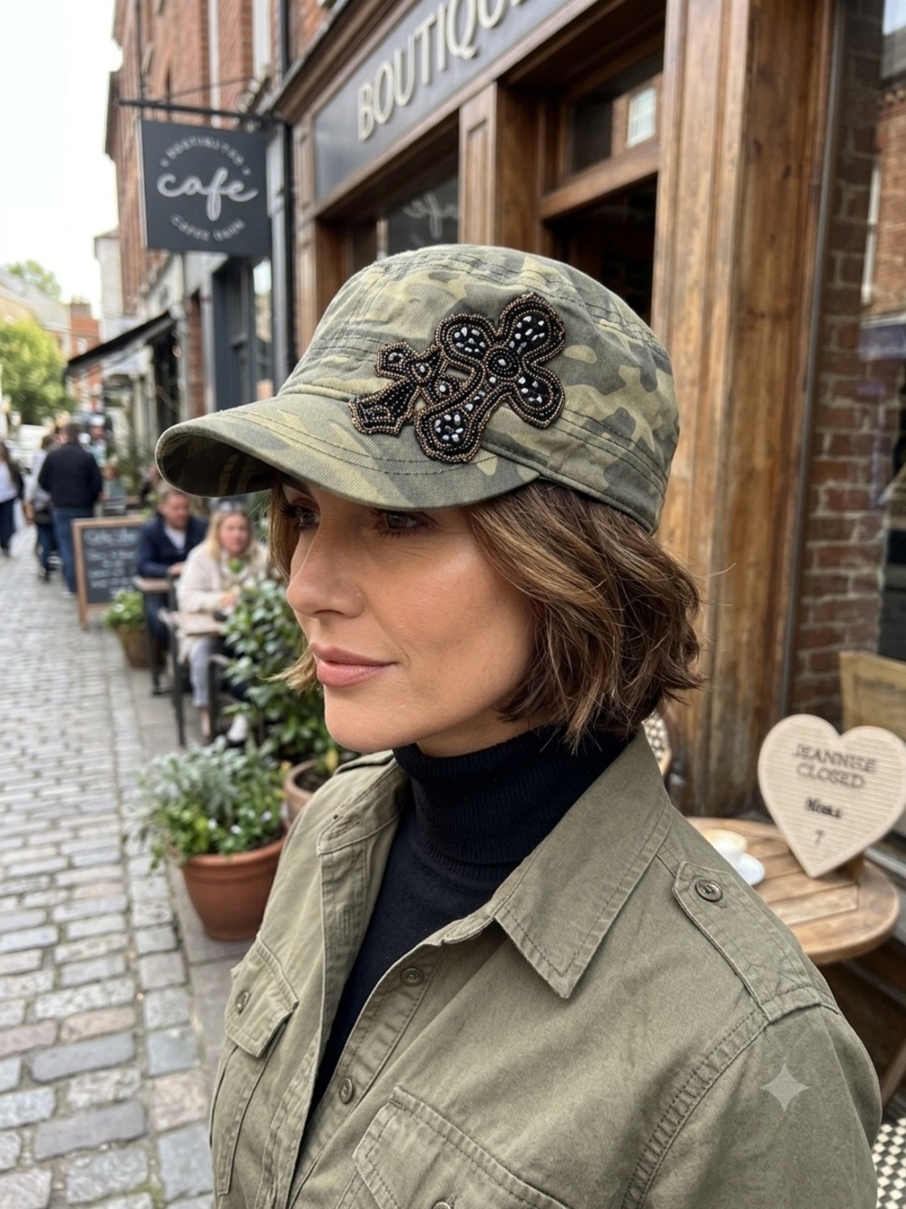 Camo Cadet Hat Cap Beaded Cross Patch Military Style Women's One Size Women's ca
